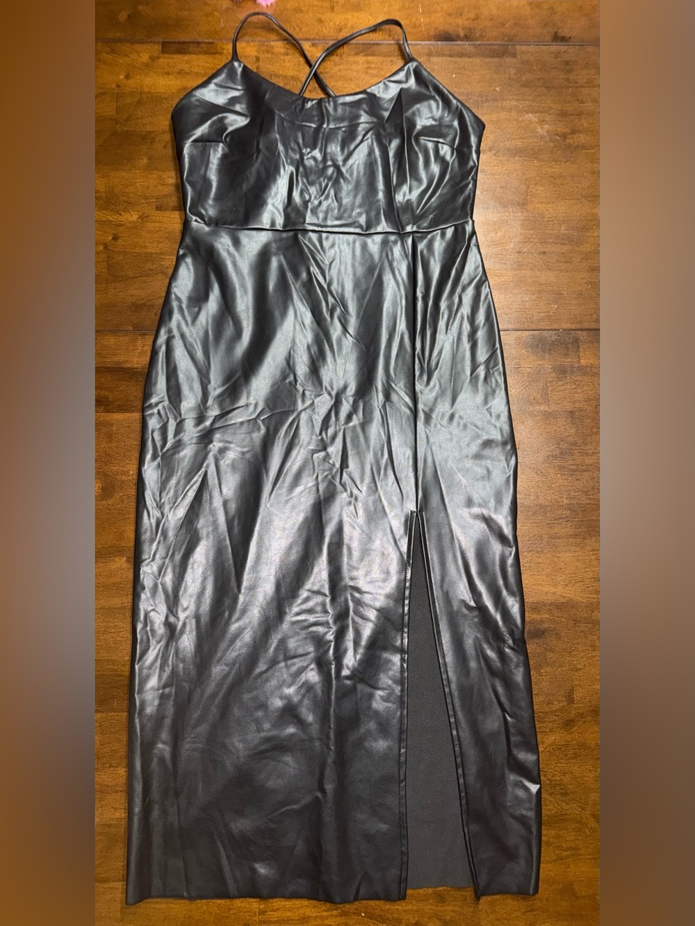 Bar III Black Faux Leather Crisscross Back Midi Dress Size L